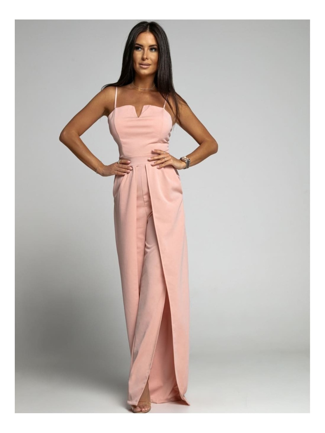 Elegant jumpsuit with straps and slits, pink AZRT035